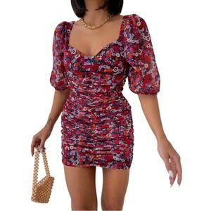 NEW! Zara Puff Sleeve Ruched Romantic Floral Mini Dress Size Medium NWT! Red